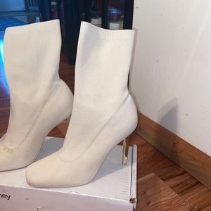 Cream Stiletto Sock Booties w/Gold Heel